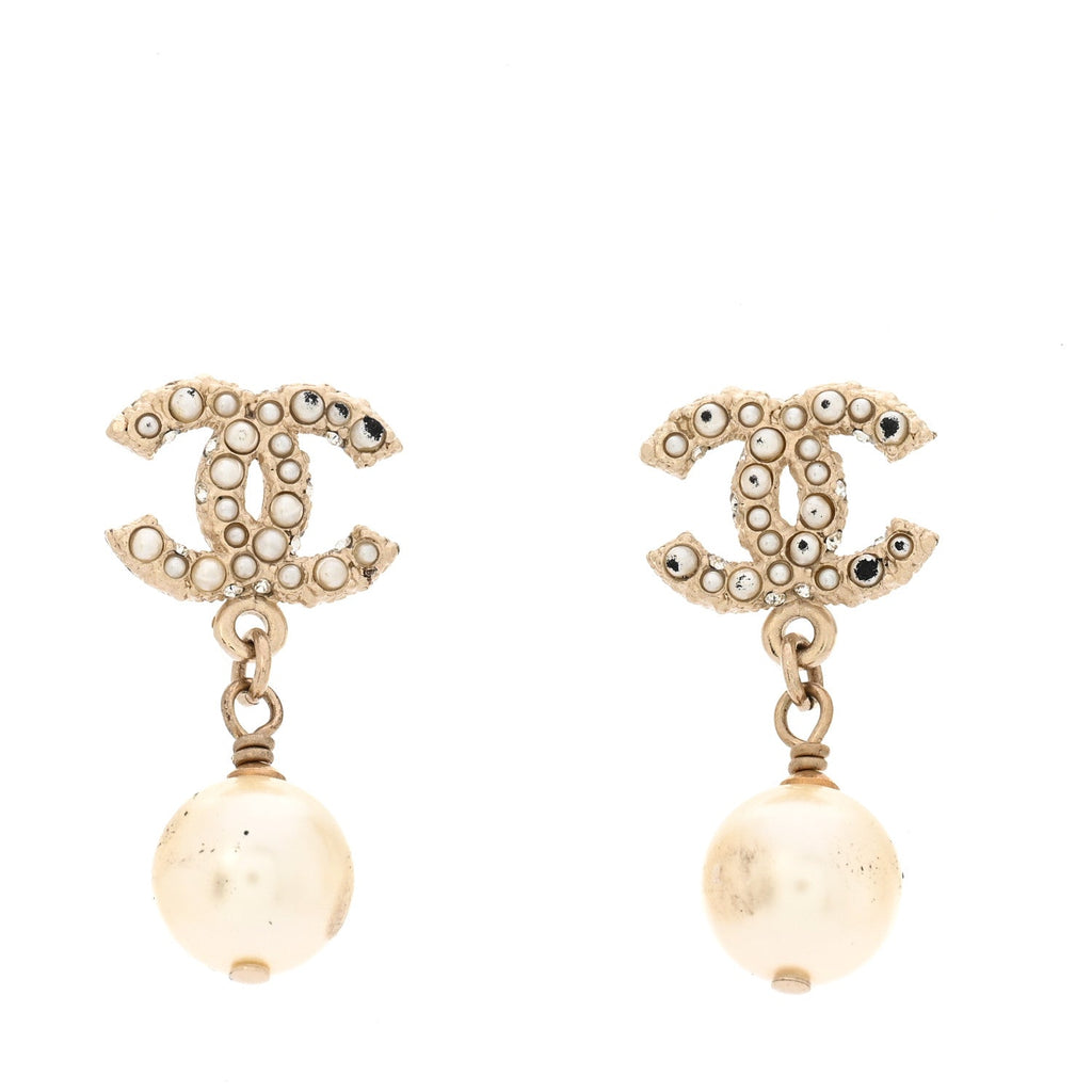 Crystal Pearl CC Drop Earrings Gold