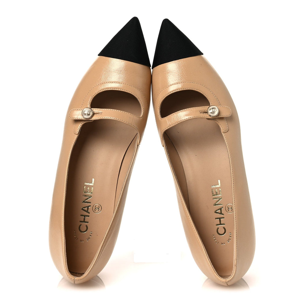 Lambskin Grosgrain Pointed Toe CC Ballet Flats 39 Beige Black