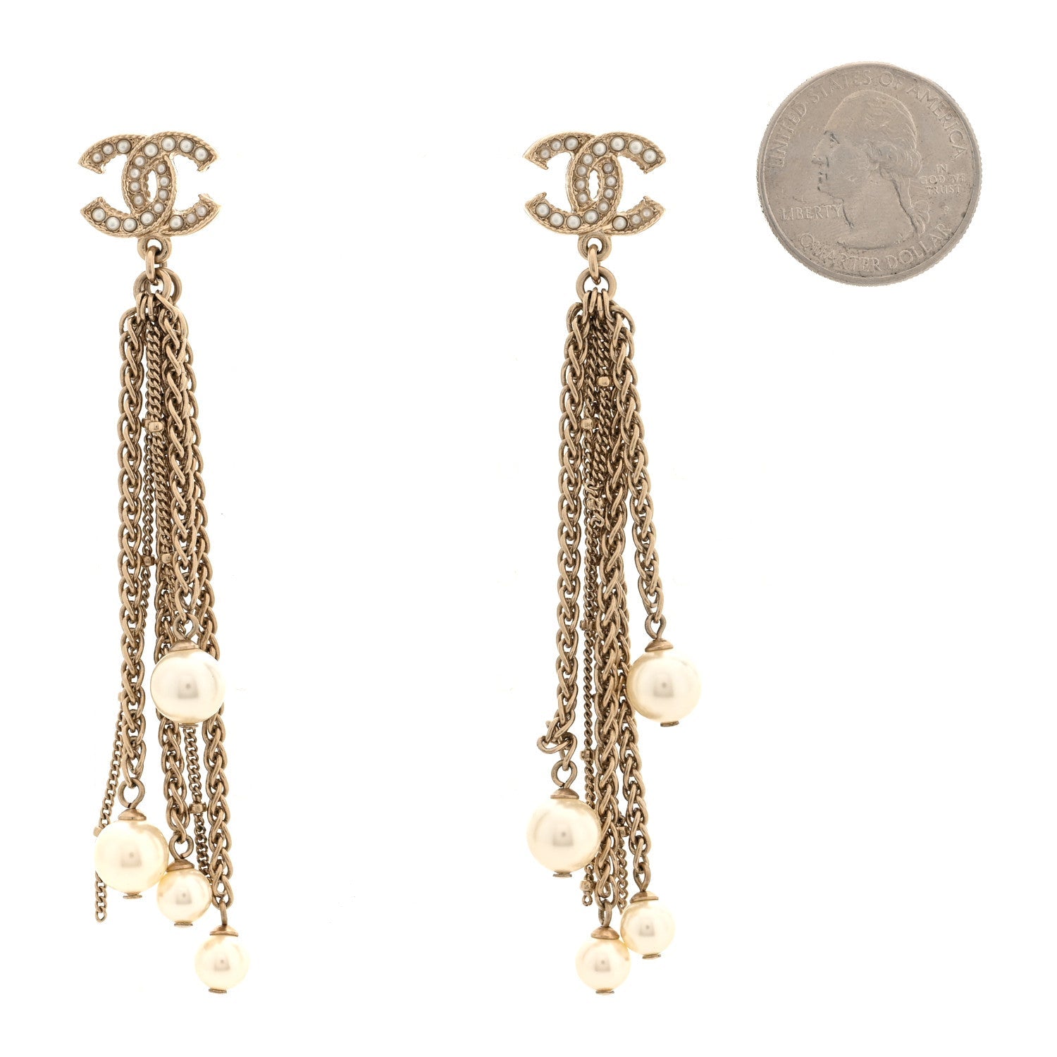 Chain Pearl CC Drop Earrings Light Gold