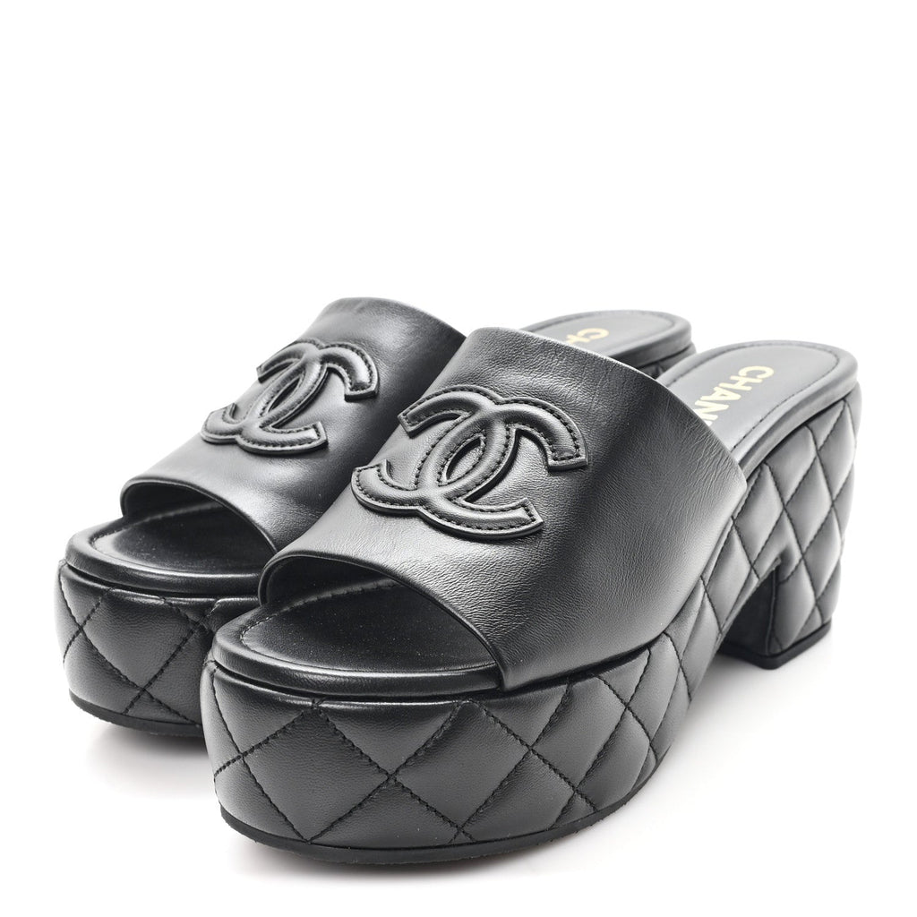 Lambskin Quilted CC Platform Mules 41 Black