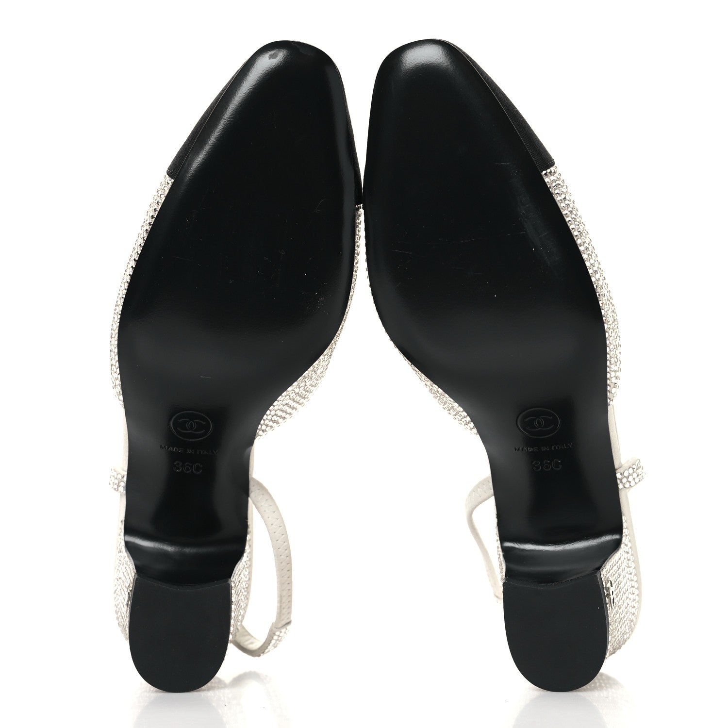 Chanel Strass Grosgrain Cap Toe CC Slingback Pumps 36 Silver Black