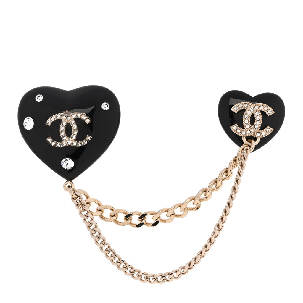 Resin Crystal CC Heart Multi Strand Chain Brooch Black Gold