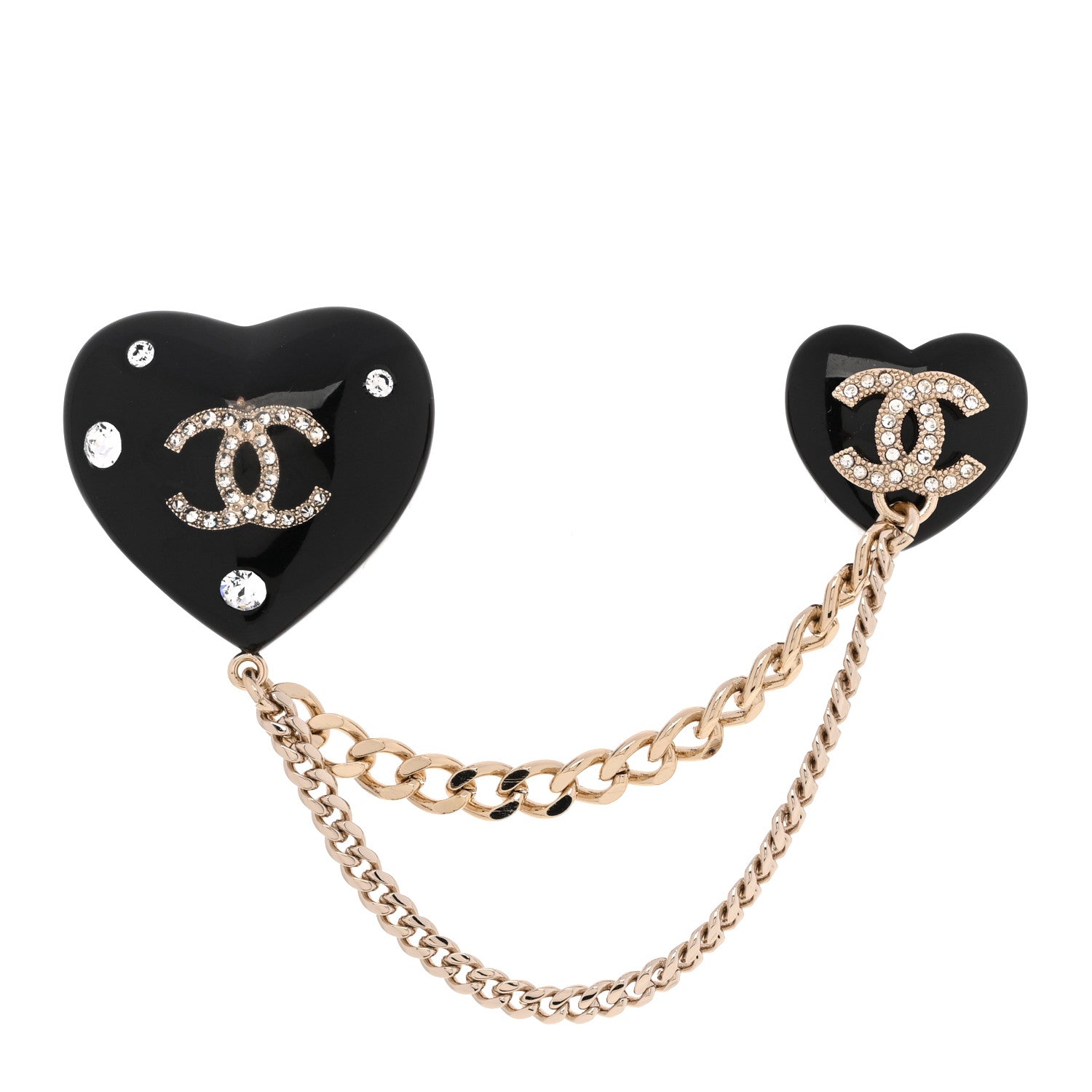 Resin Crystal CC Heart Multi Strand Chain Brooch Black Gold