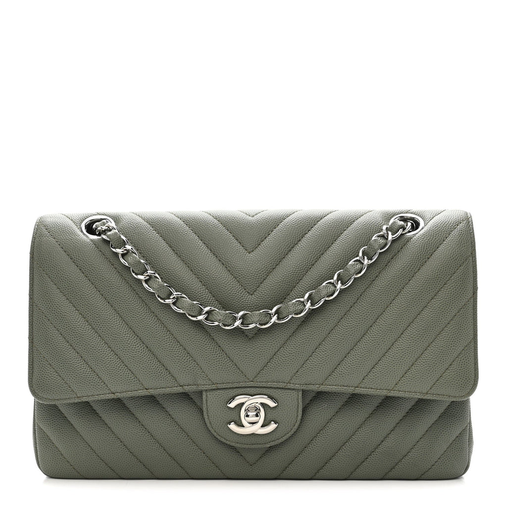 Chanel Caviar Chevron Quilted Medium Double Flap  Green