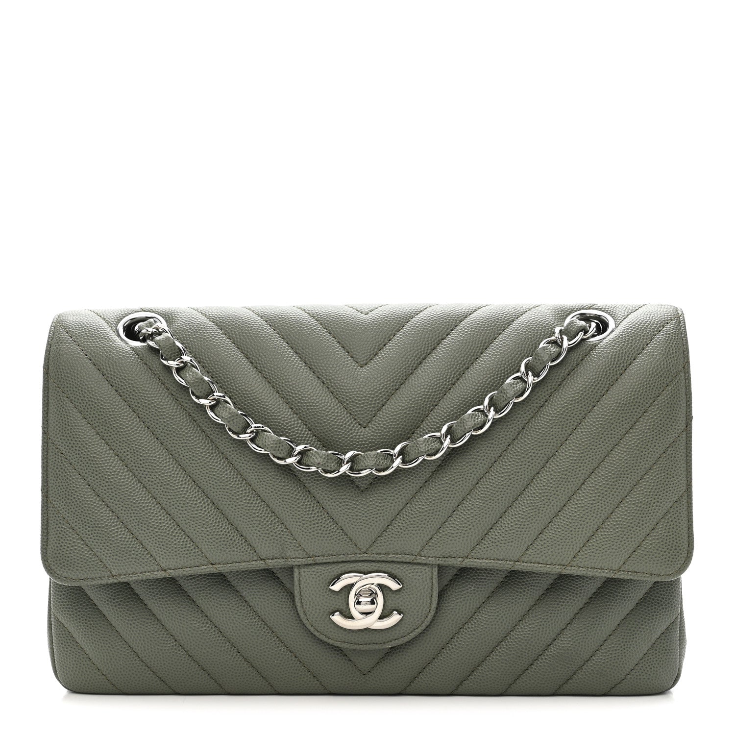 Chanel Caviar Chevron Quilted Medium Double Flap  Green