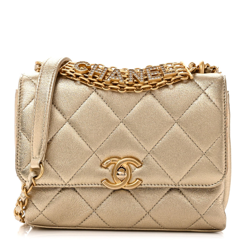 Chanel Metallic Lambskin Quilted Mini CC Crystal Logo Chain Flap Gold