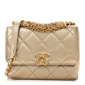 Chanel Metallic Lambskin Quilted Mini CC Crystal Logo Chain Flap Gold
