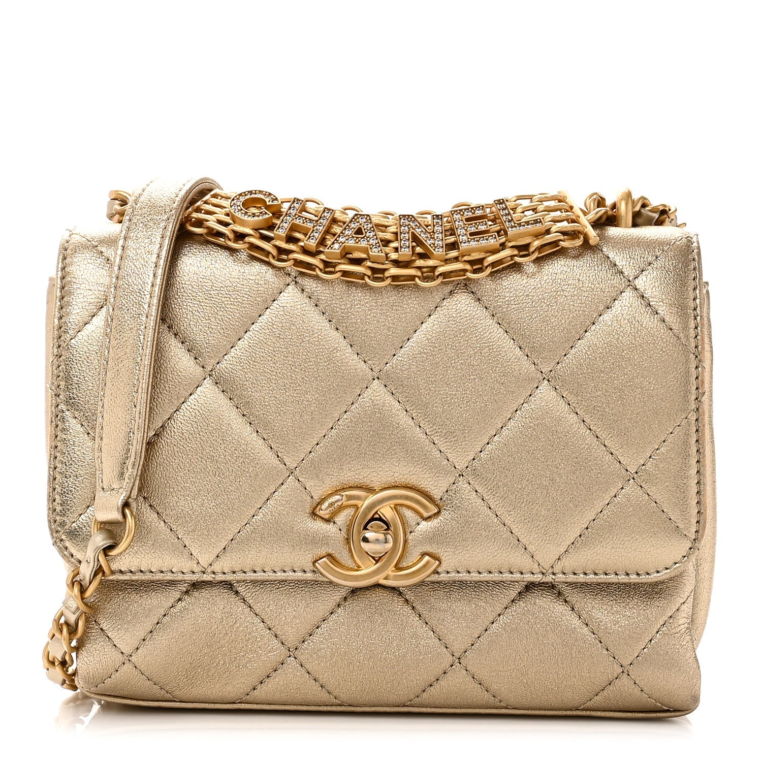Chanel Metallic Lambskin Quilted Mini CC Crystal Logo Chain Flap Gold