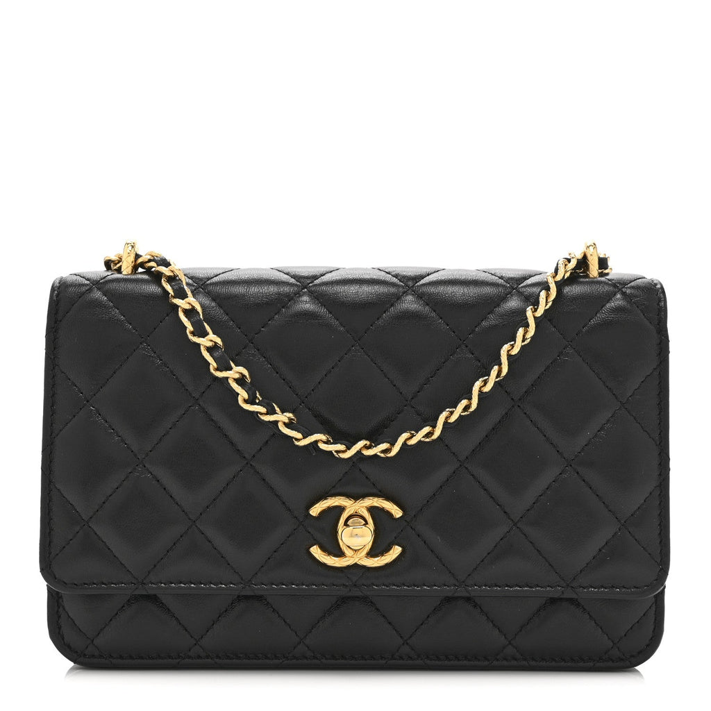 Chanel Shiny Lambskin Quilted Dynasty Wallet On Chain WOC Black