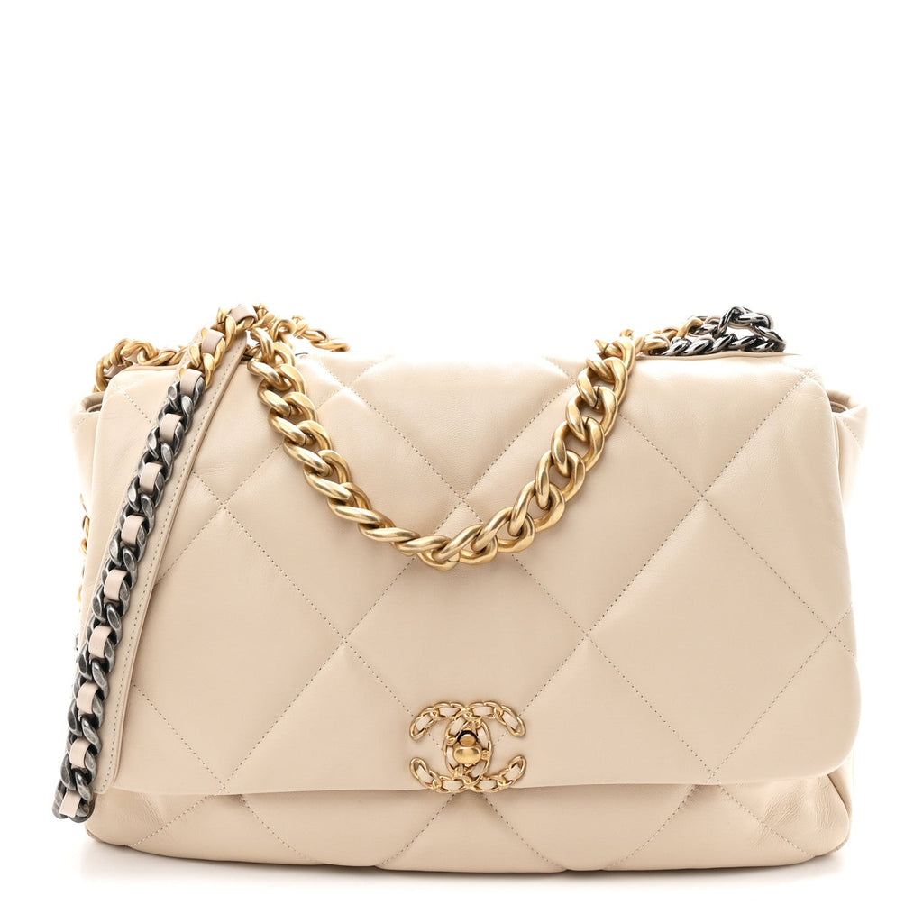 Chanel Goatskin Quilted Maxi Chanel 19 Flap Beige