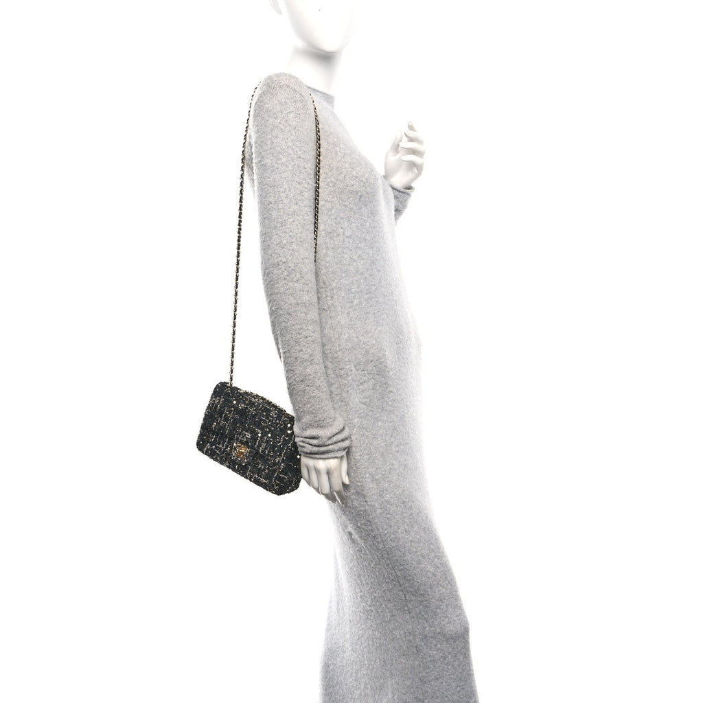 Chanel Tweed Sequin Small Single Flap Black Silvery Golden