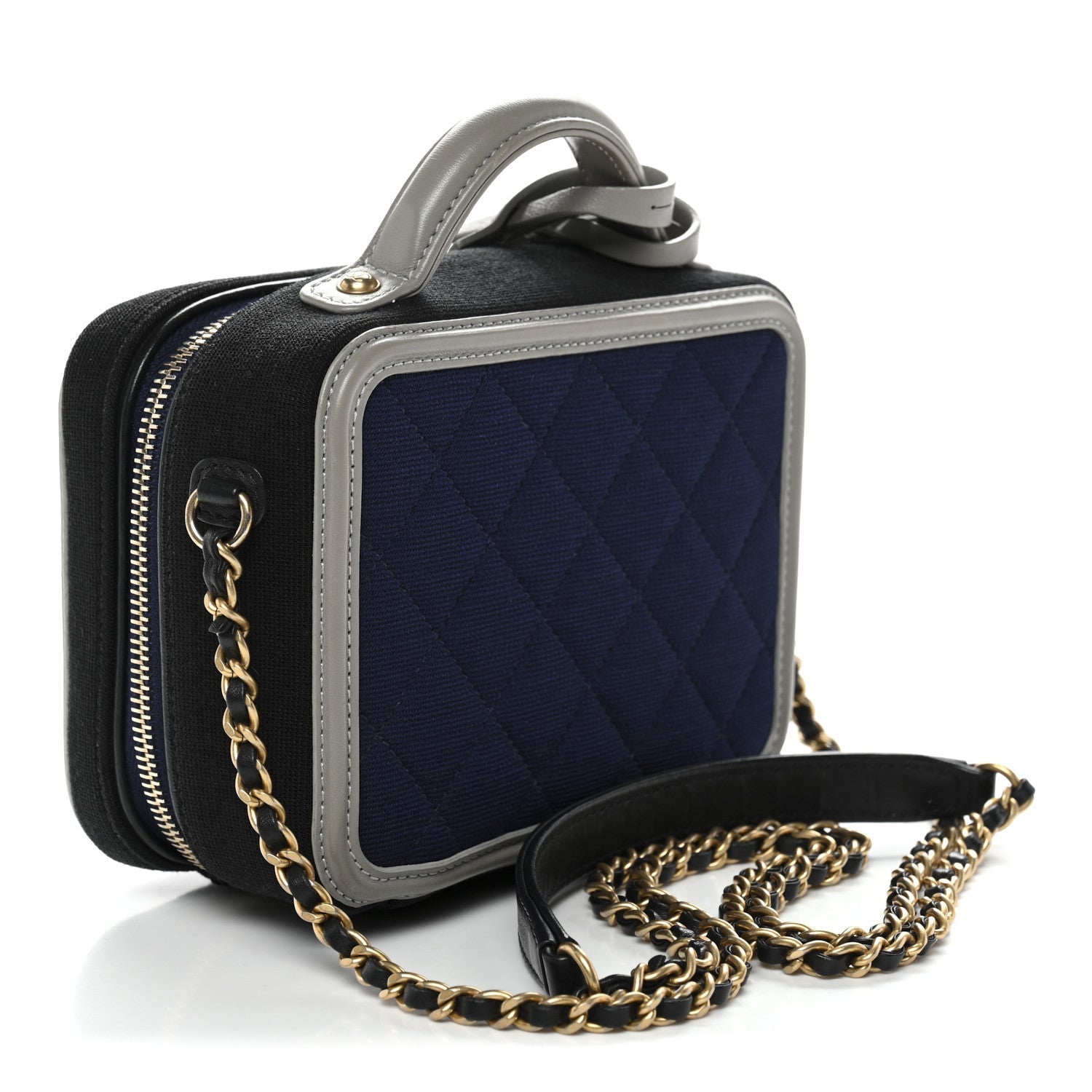 Chanel Jersey Quilted Small CC Filigree Vanity Case Blue Black Grey