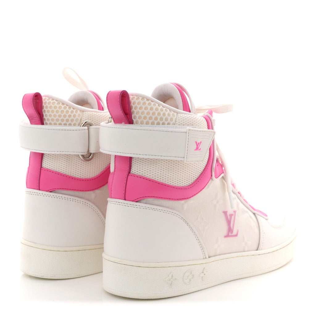 Louis Vuitton Calfskin Nylon Mesh Monogram Womens Boombox High Top Sneakers 39 White Pink