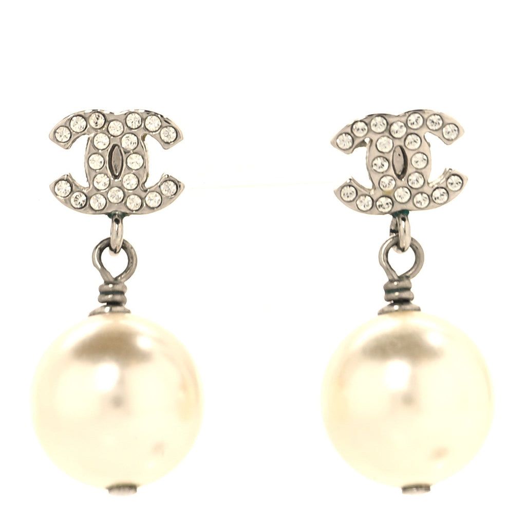 Crystal Pearl CC Drop Earrings Silver Pearly White