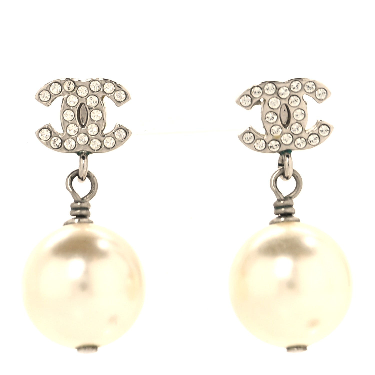 Crystal Pearl CC Drop Earrings Silver Pearly White
