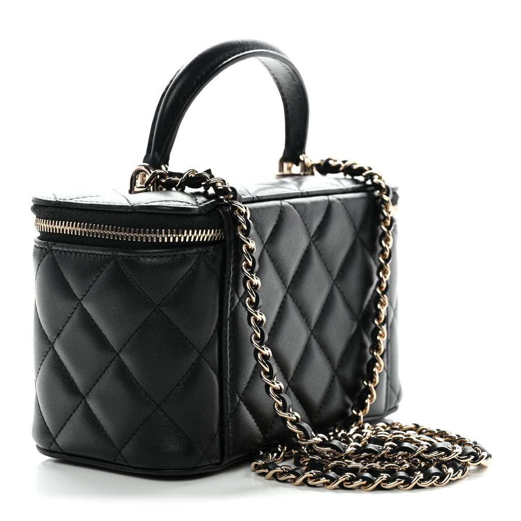 Chanel Lambskin Quilted Small Top Handle Vanity Case With Chain Black
