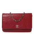 Chanel Lambskin Camellia Embossed Wallet on Chain WOC Red