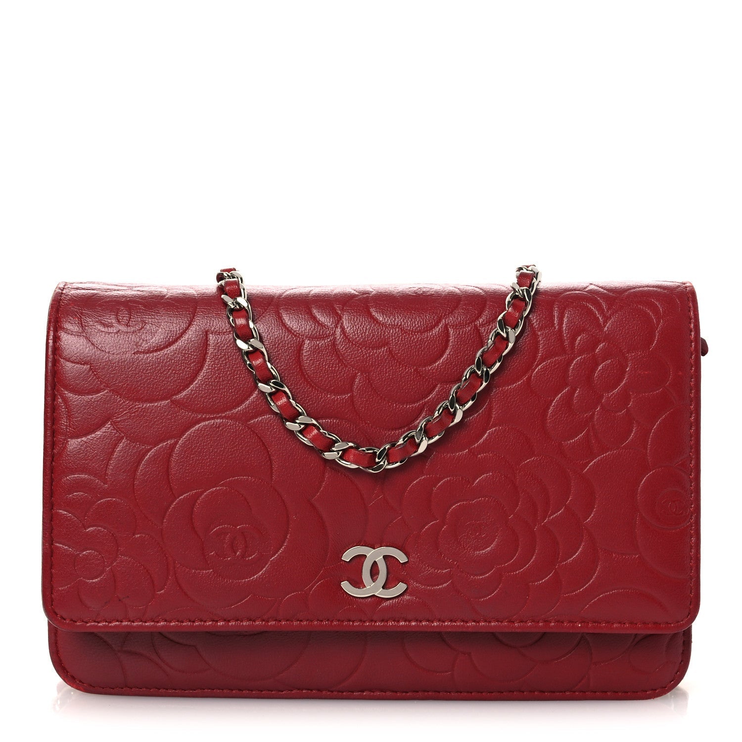 Chanel Lambskin Camellia Embossed Wallet on Chain WOC Red