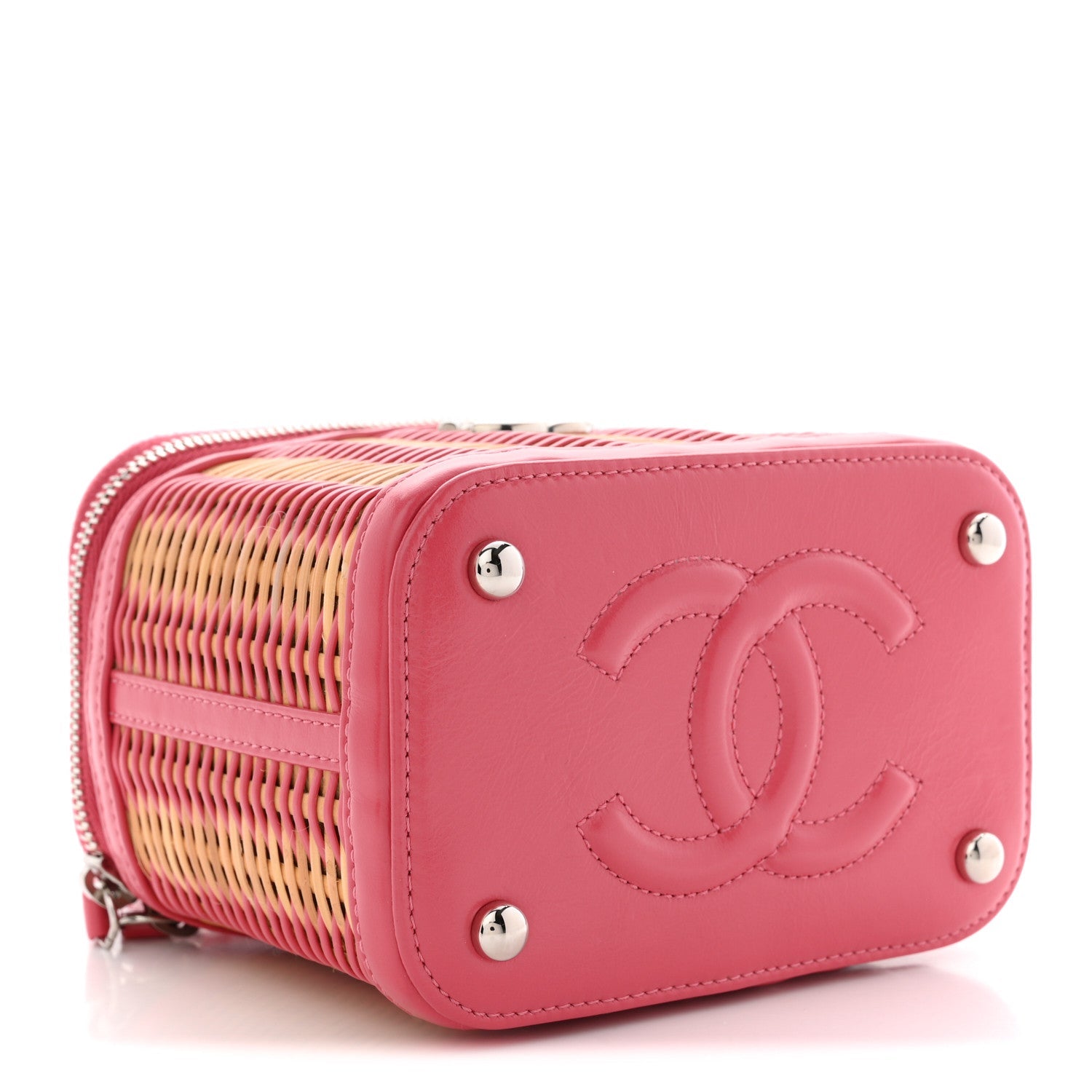 Chanel Calfskin Raffia Small Take Away Vanity Case Bag Pink Beige