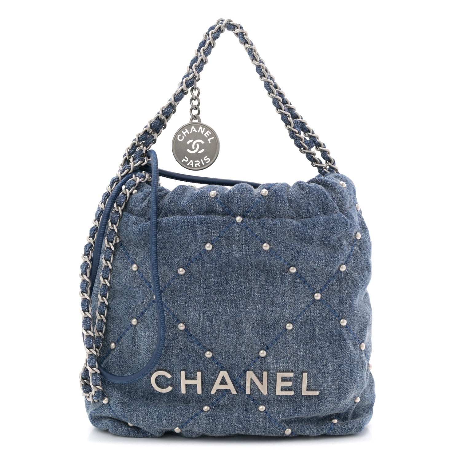 Chanel Washed Denim Quilted Studded Mini Chanel 22 Blue