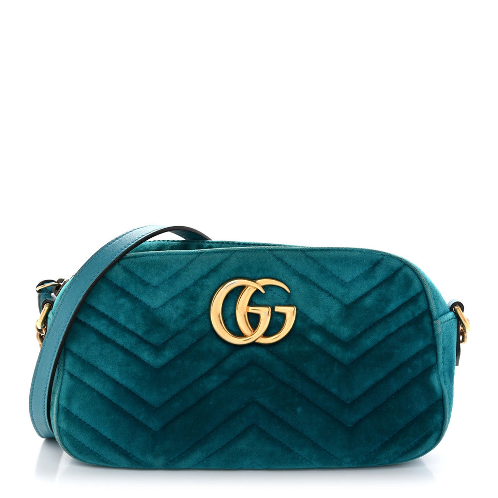 Gucci Velvet Matelasse Small GG Marmont Chain Shoulder Bag Pavone Cyan