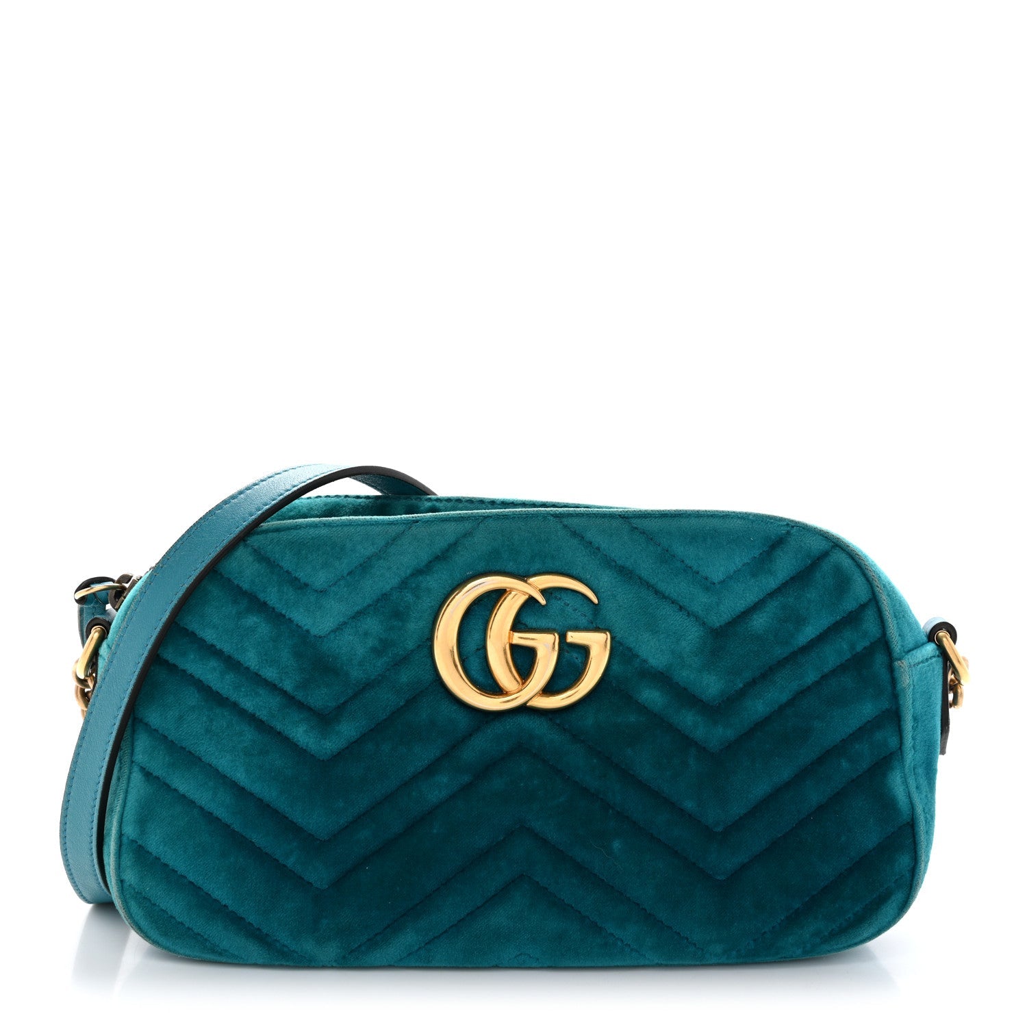 Gucci Velvet Matelasse Small GG Marmont Chain Shoulder Bag Pavone Cyan
