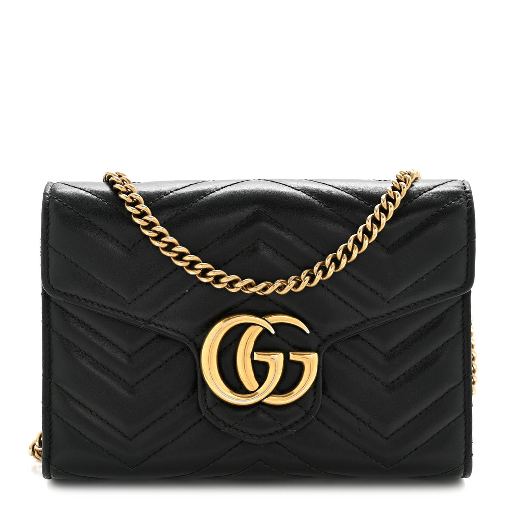 Gucci Calfskin Matelasse GG Marmont Chain Wallet Black