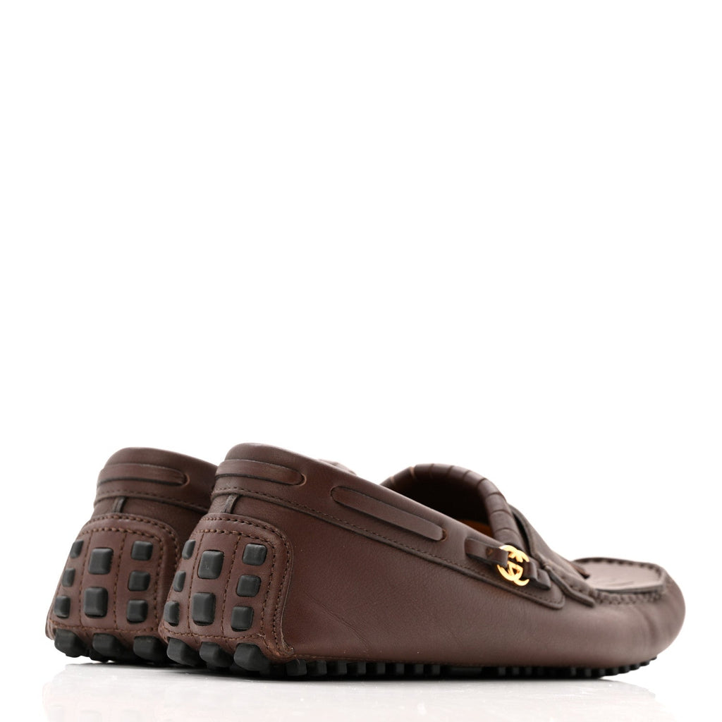 Gucci Calfskin Fringe Interlocking G Mens Driver Loafers 8 Brown