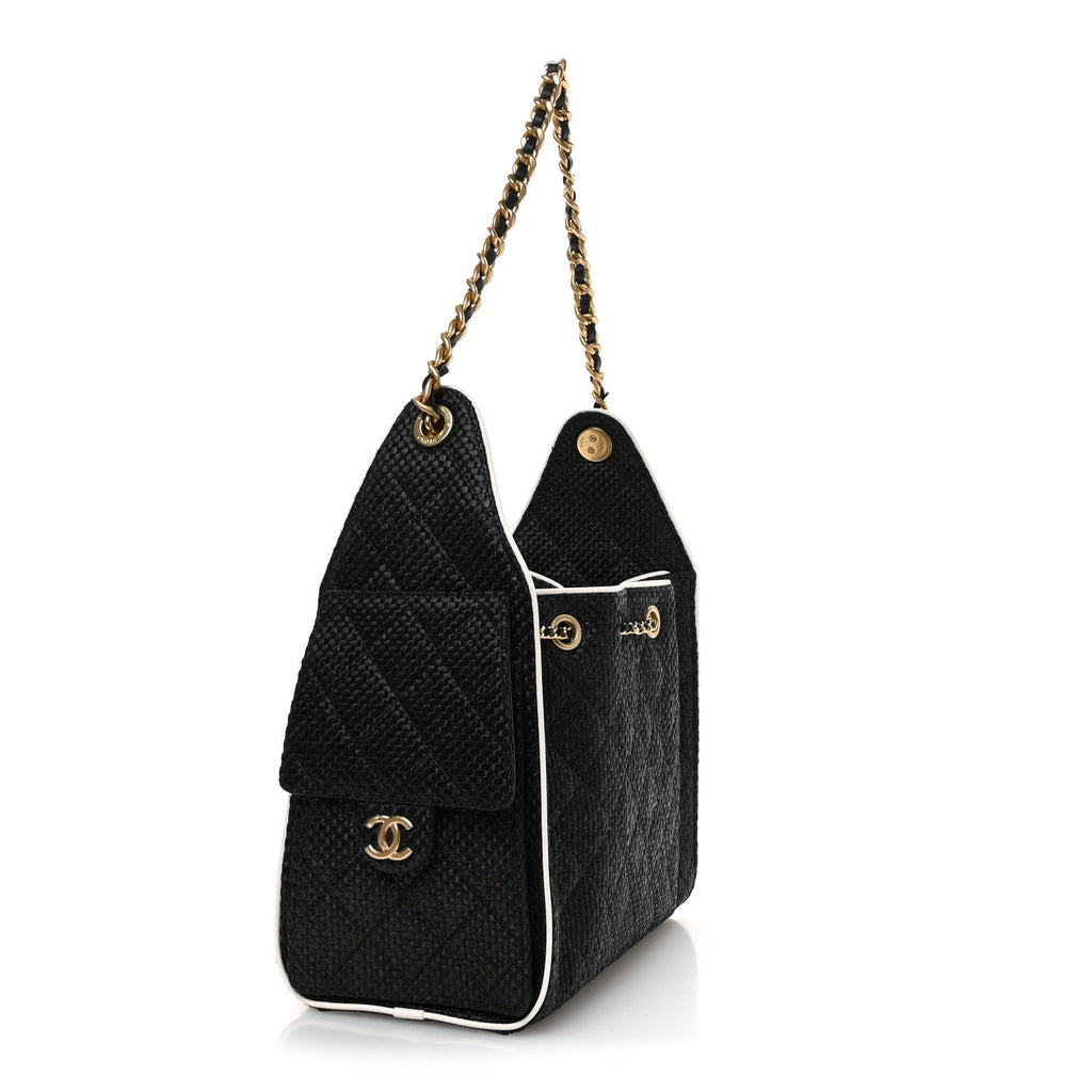 Chanel Braided Raffia Calfskin Small Chanel 25 Handbag Black White