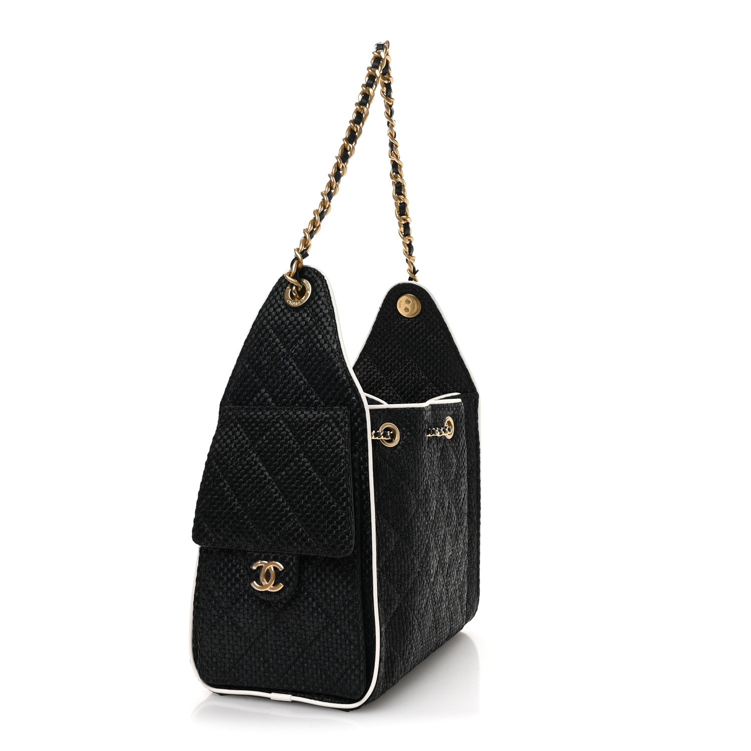 Chanel Braided Raffia Calfskin Small Chanel 25 Handbag Black White