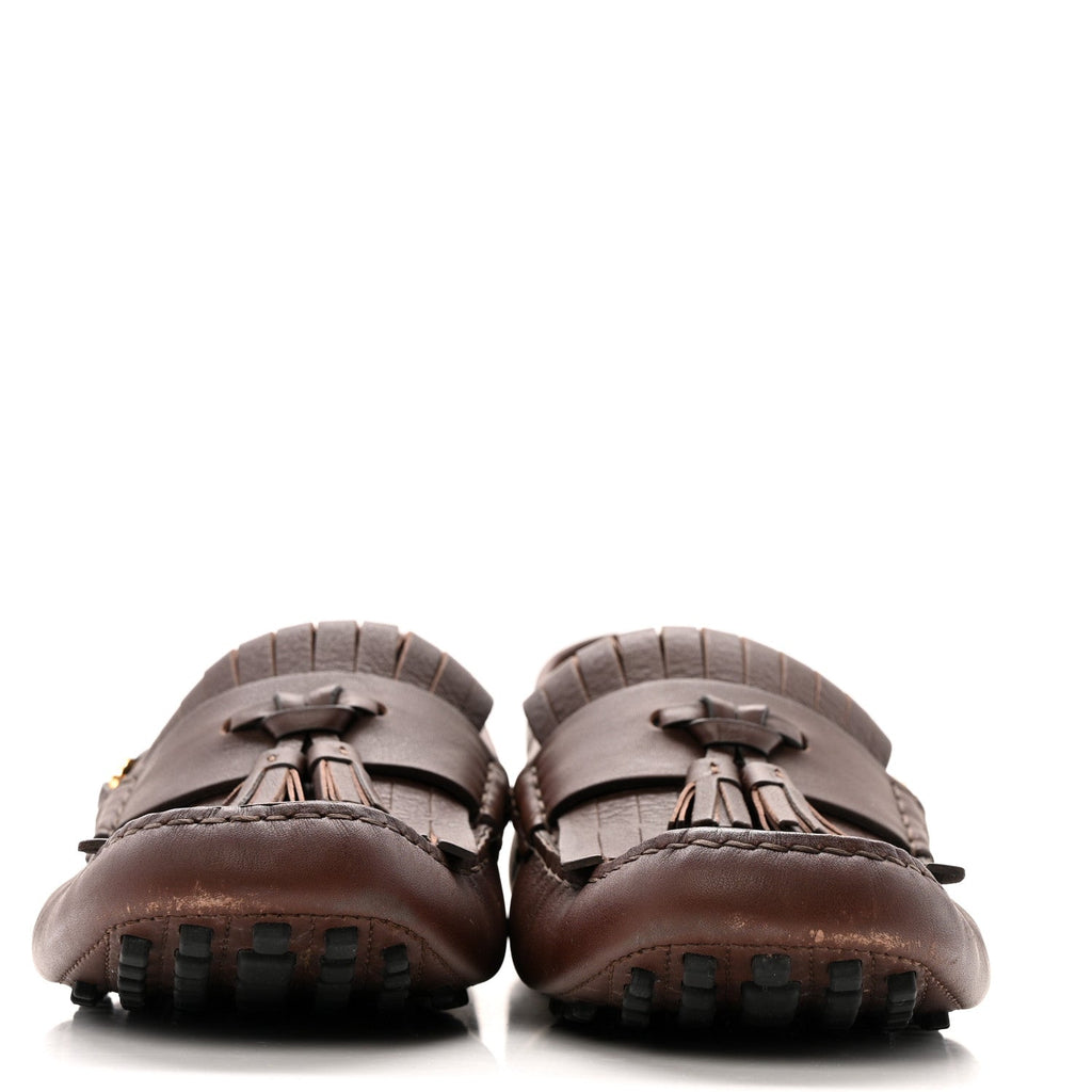 Gucci Calfskin Fringe Interlocking G Mens Driver Loafers 8 Brown