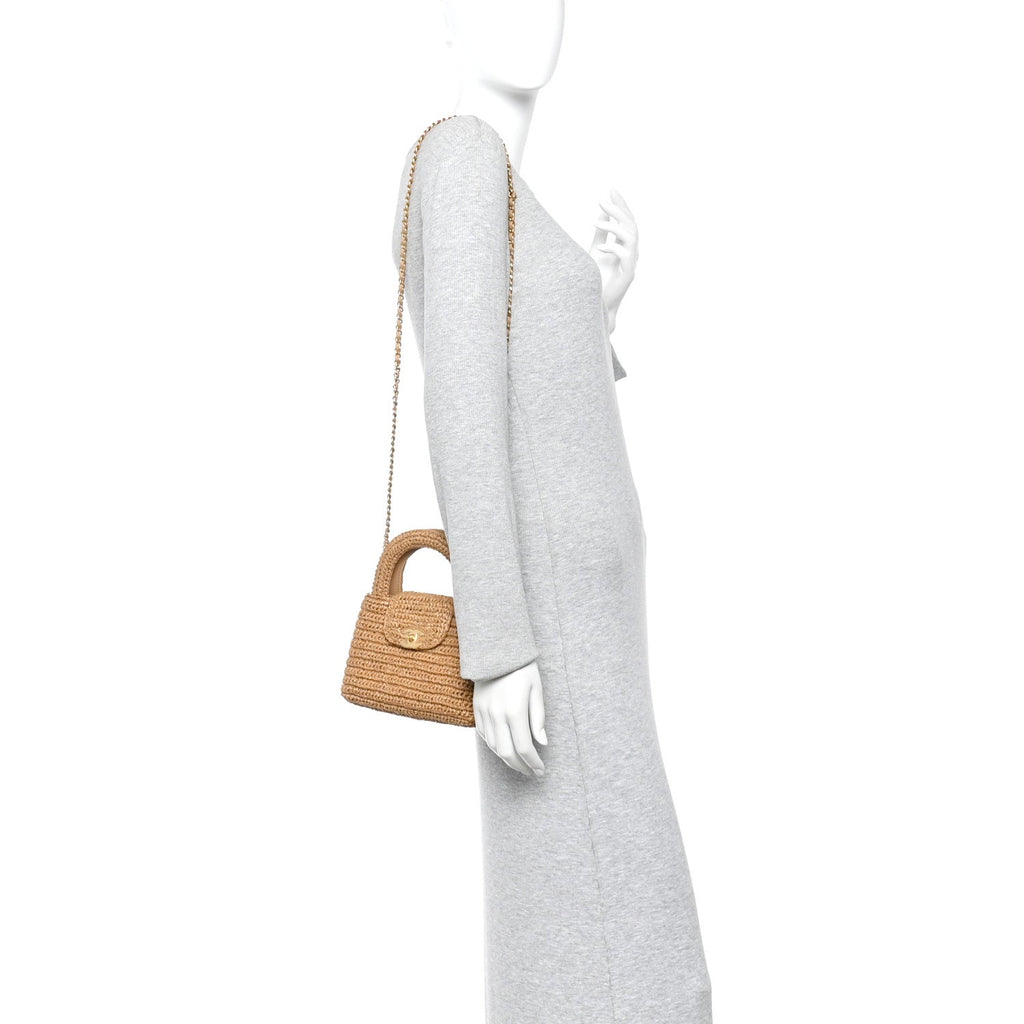 Chanel Braided Raffia Nano Kelly Flap Bag Dark Beige