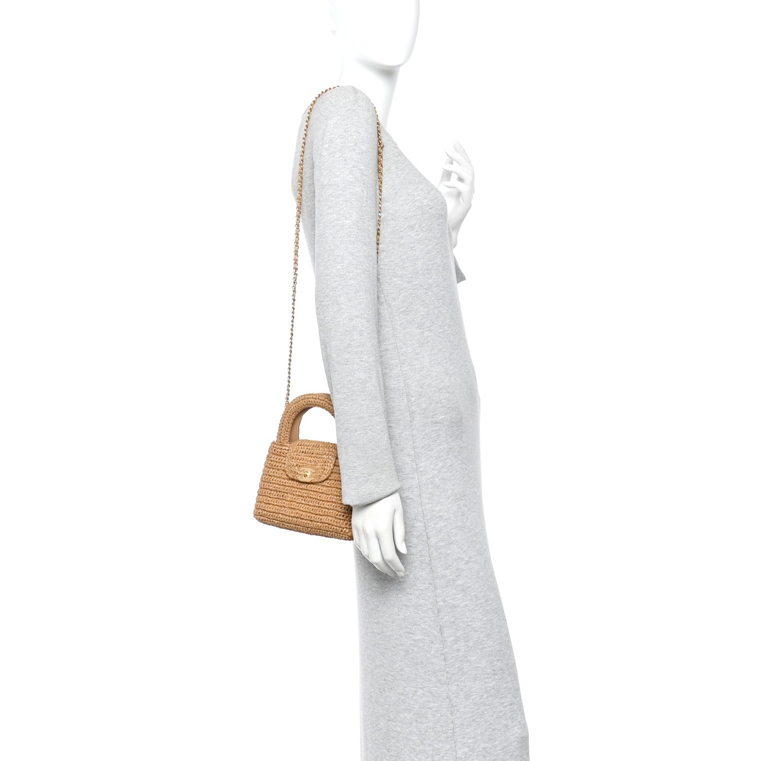 Chanel Braided Raffia Nano Kelly Flap Bag Dark Beige