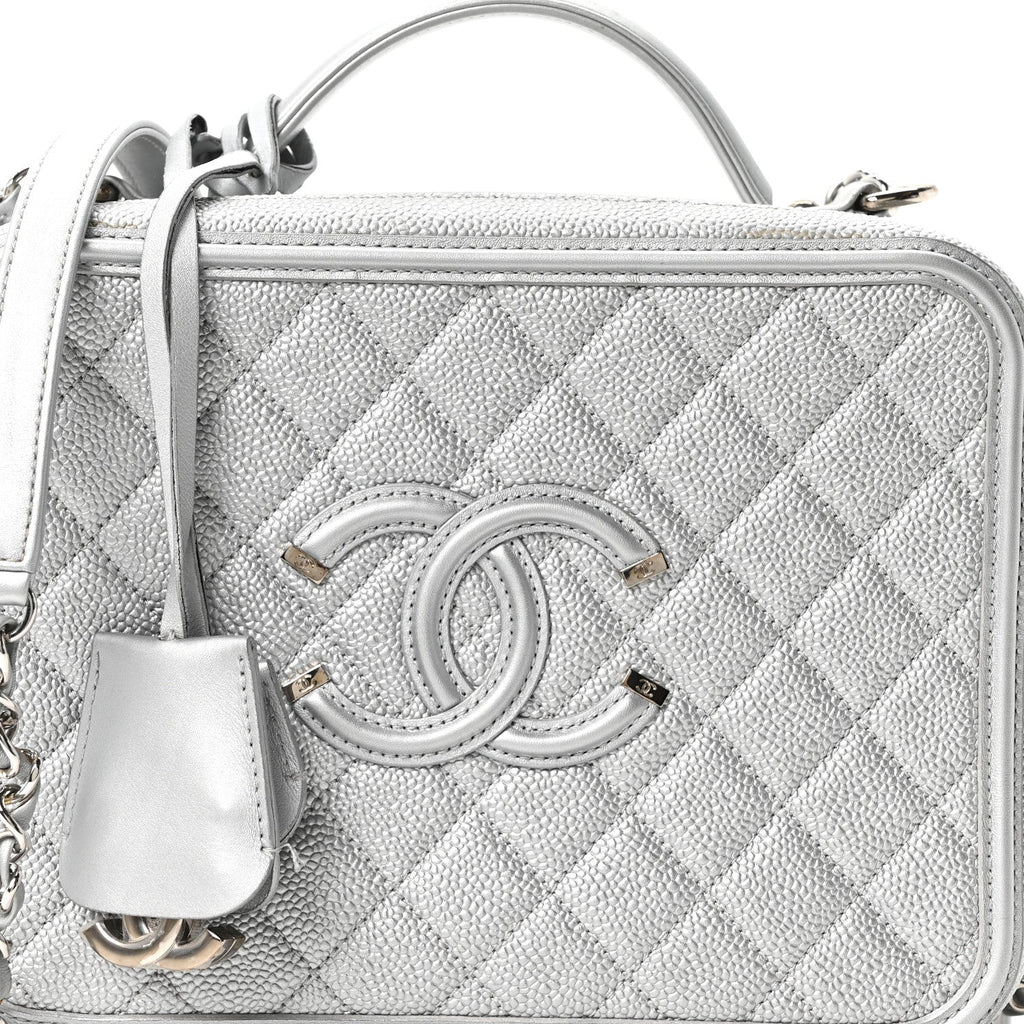 Chanel Metallic Caviar Quilted Large CC Filigree Vanity Case Silver