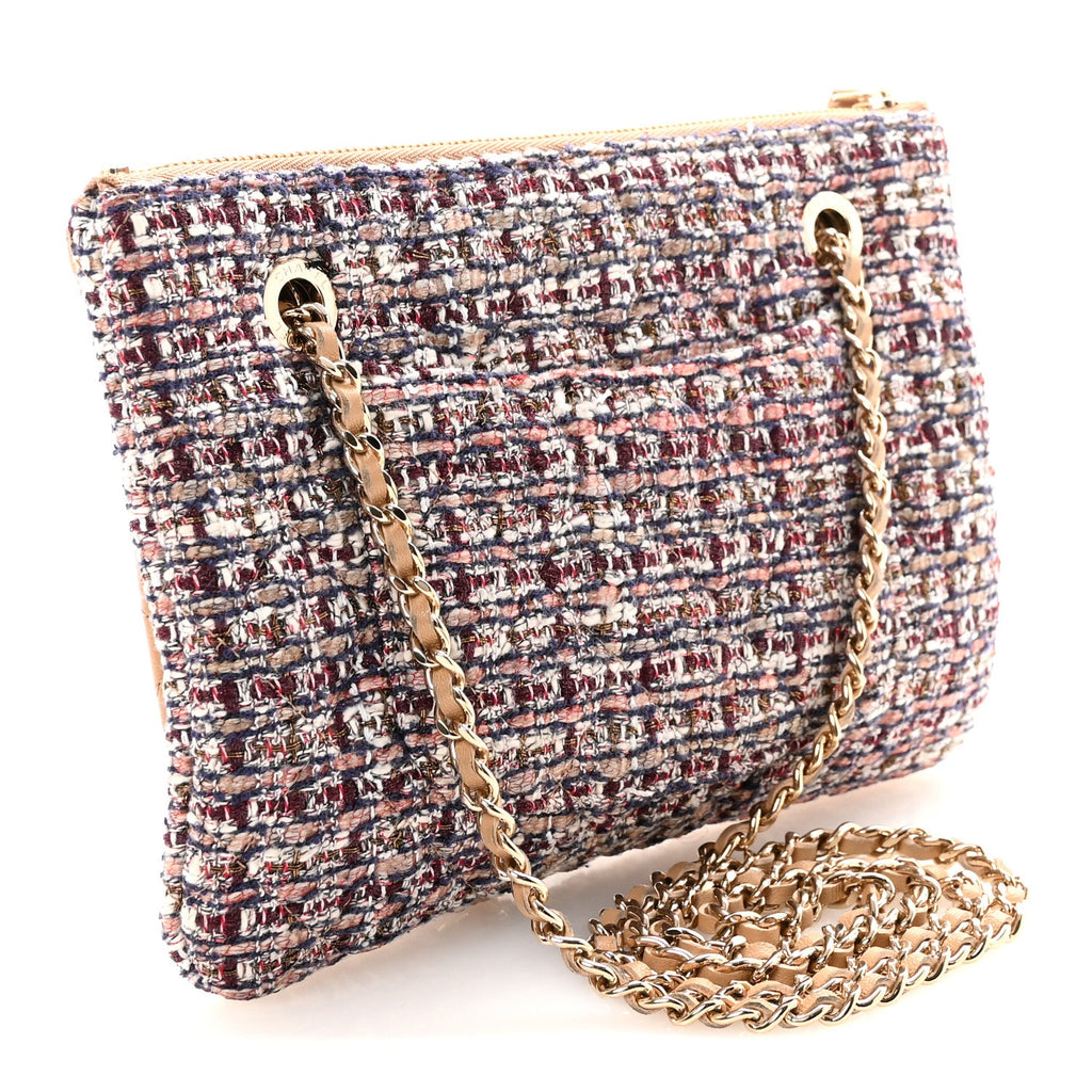 Chanel Tweed Lambskin Quilted Pouch Beige Multicolor