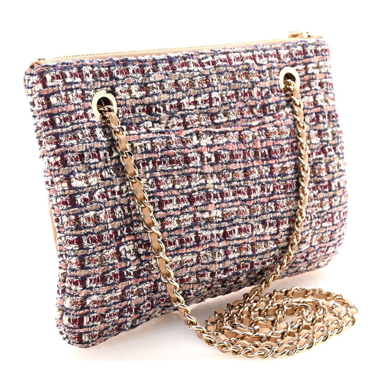 Chanel Tweed Lambskin Quilted Pouch Beige Multicolor