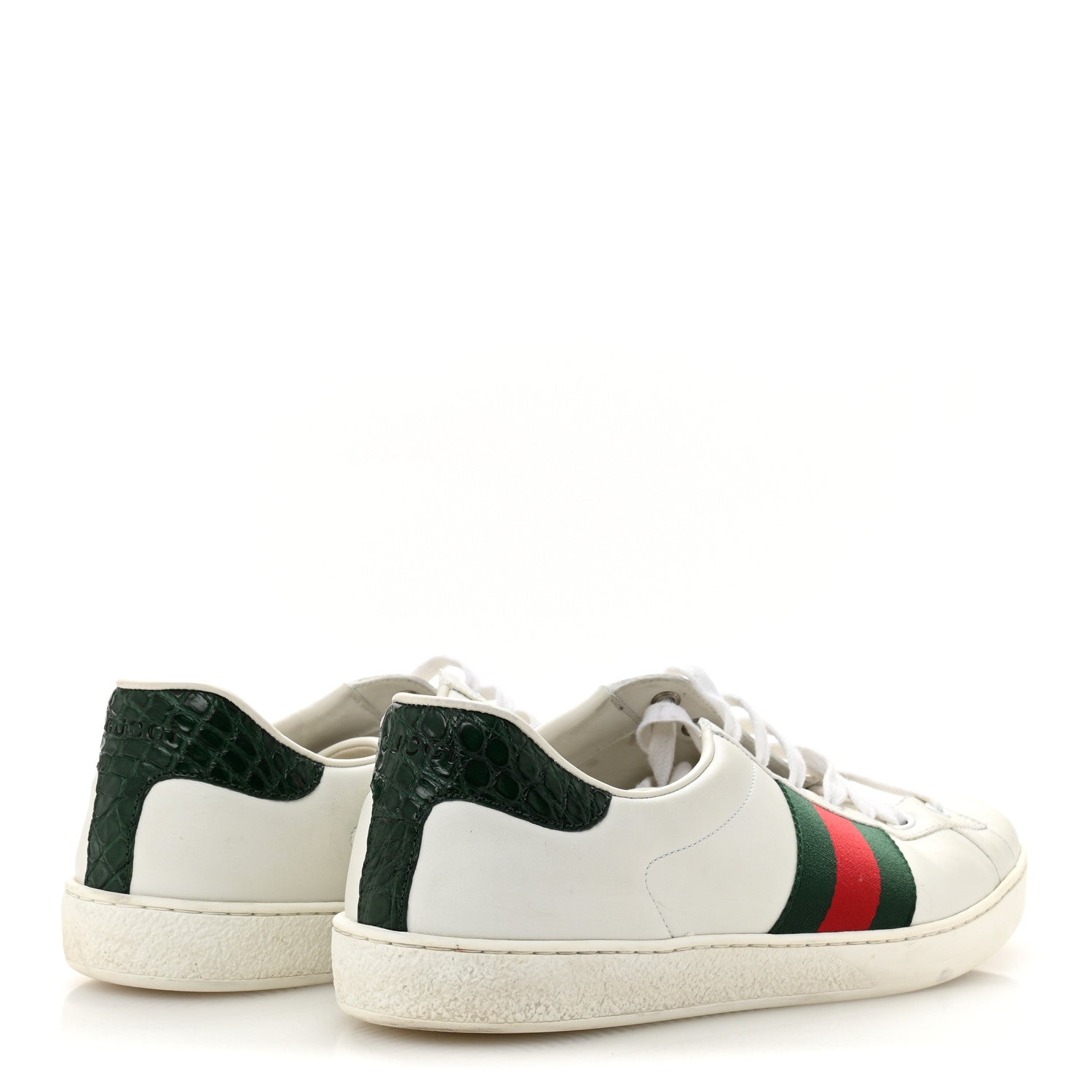 Gucci Calfskin Crocodile Web Mens Ace Sneakers 9 White Green