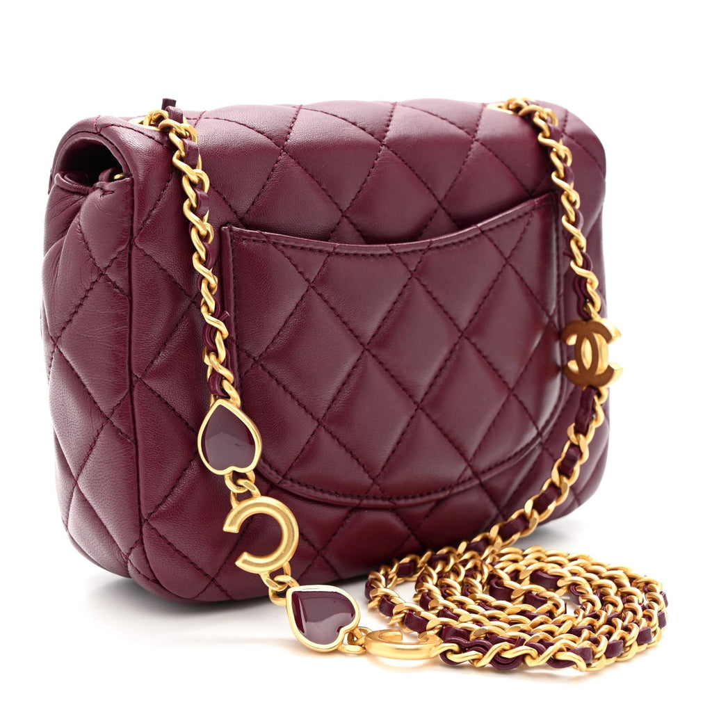 Chanel Lambskin Enamel Quilted Mini Coco Hearts Square Flap Burgundy