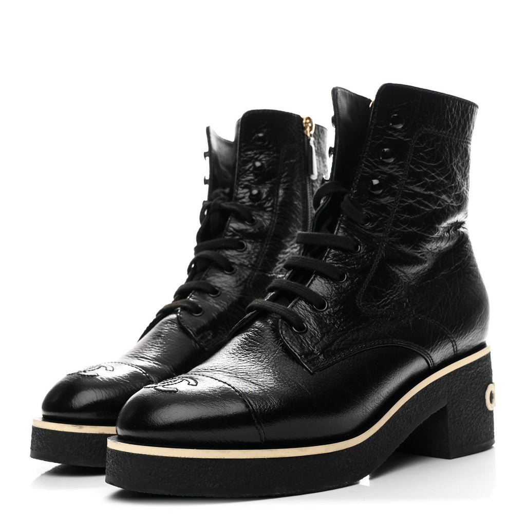 Chanel Shiny Crumpled Lambskin Lace Up Combat Boots 39 Black