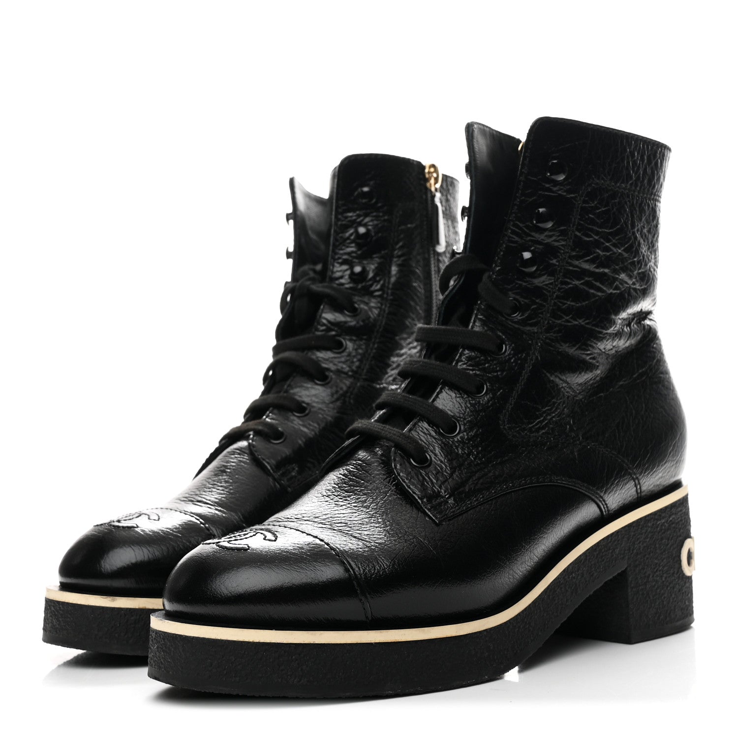 Chanel Shiny Crumpled Lambskin Lace Up Combat Boots 39 Black