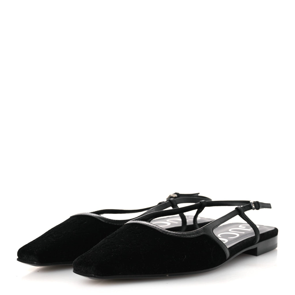 Gucci New Velvet Ashmir GG Monogram Malaga Kid Slingback Ballet Flats 37 Black