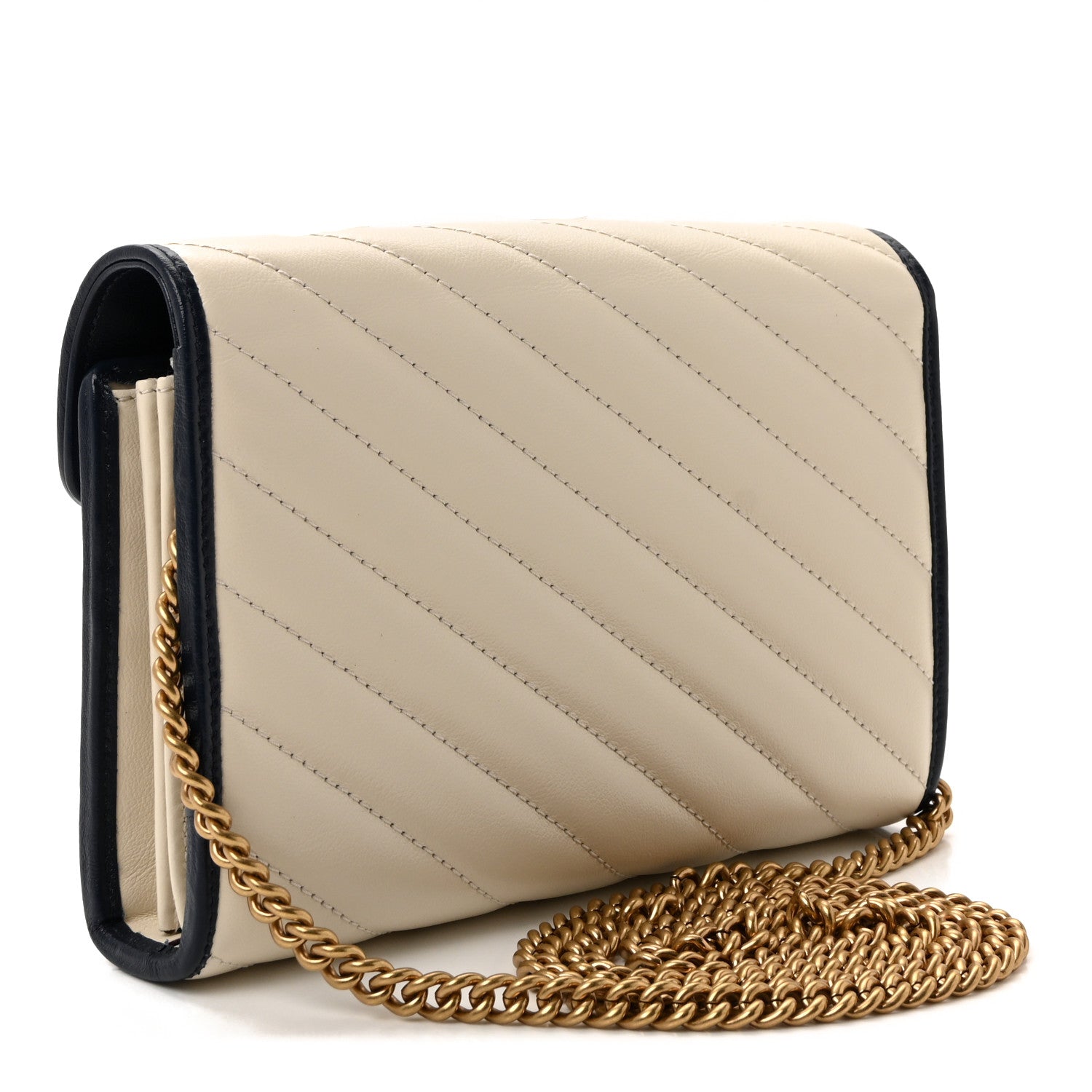 Gucci Vintage Effect Calfskin Matelasse Diagonal Torchon GG Marmont Chain Wallet Mystic White Blue Agata