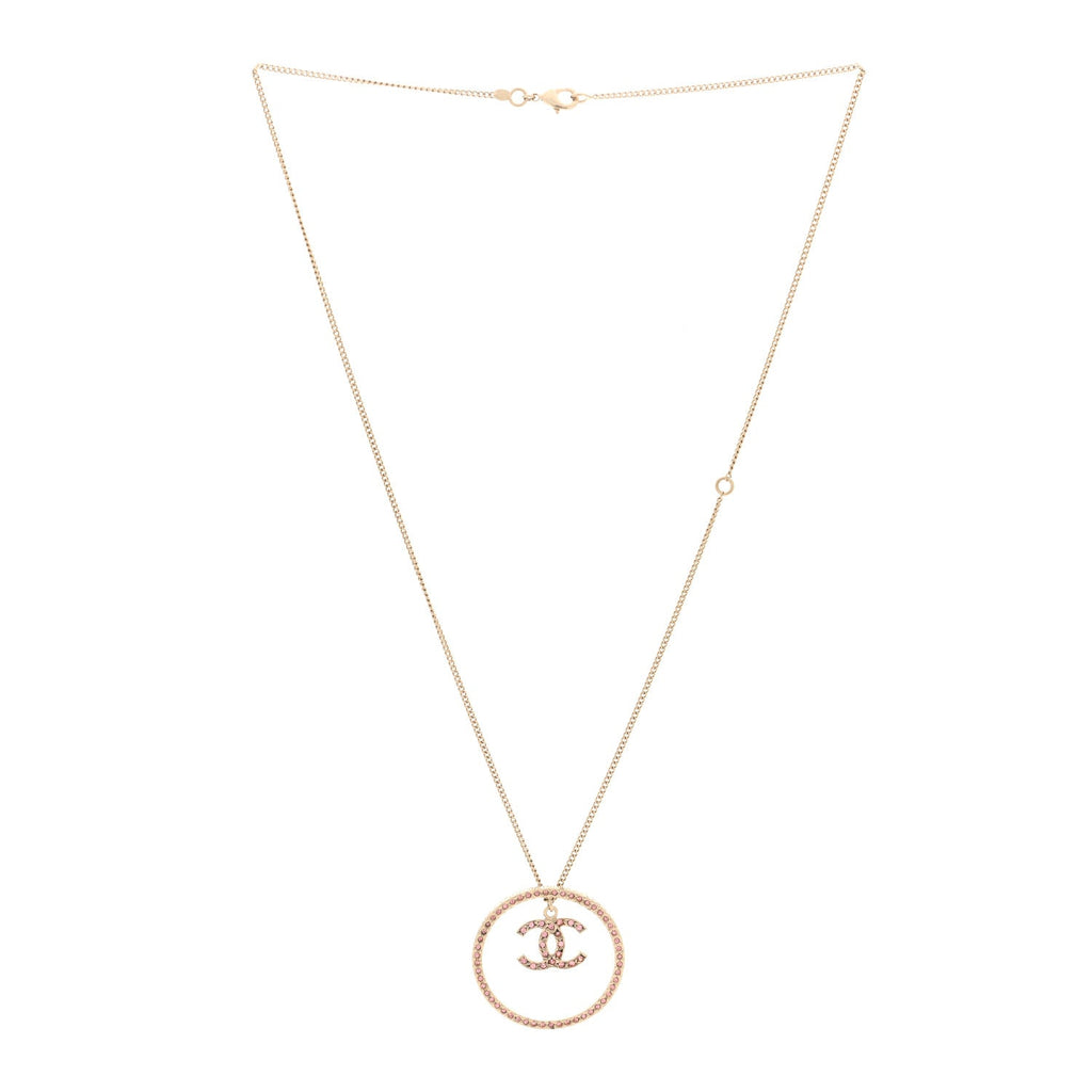 Crystal CC Long Pendant Necklace Gold Pink