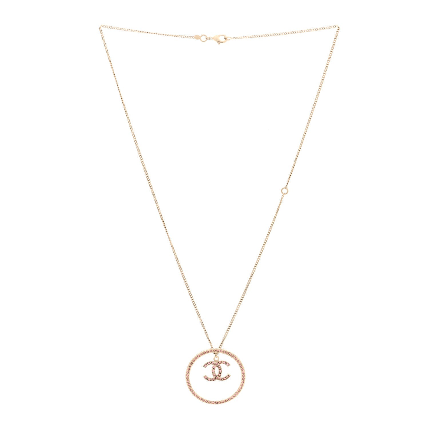 Crystal CC Long Pendant Necklace Gold Pink