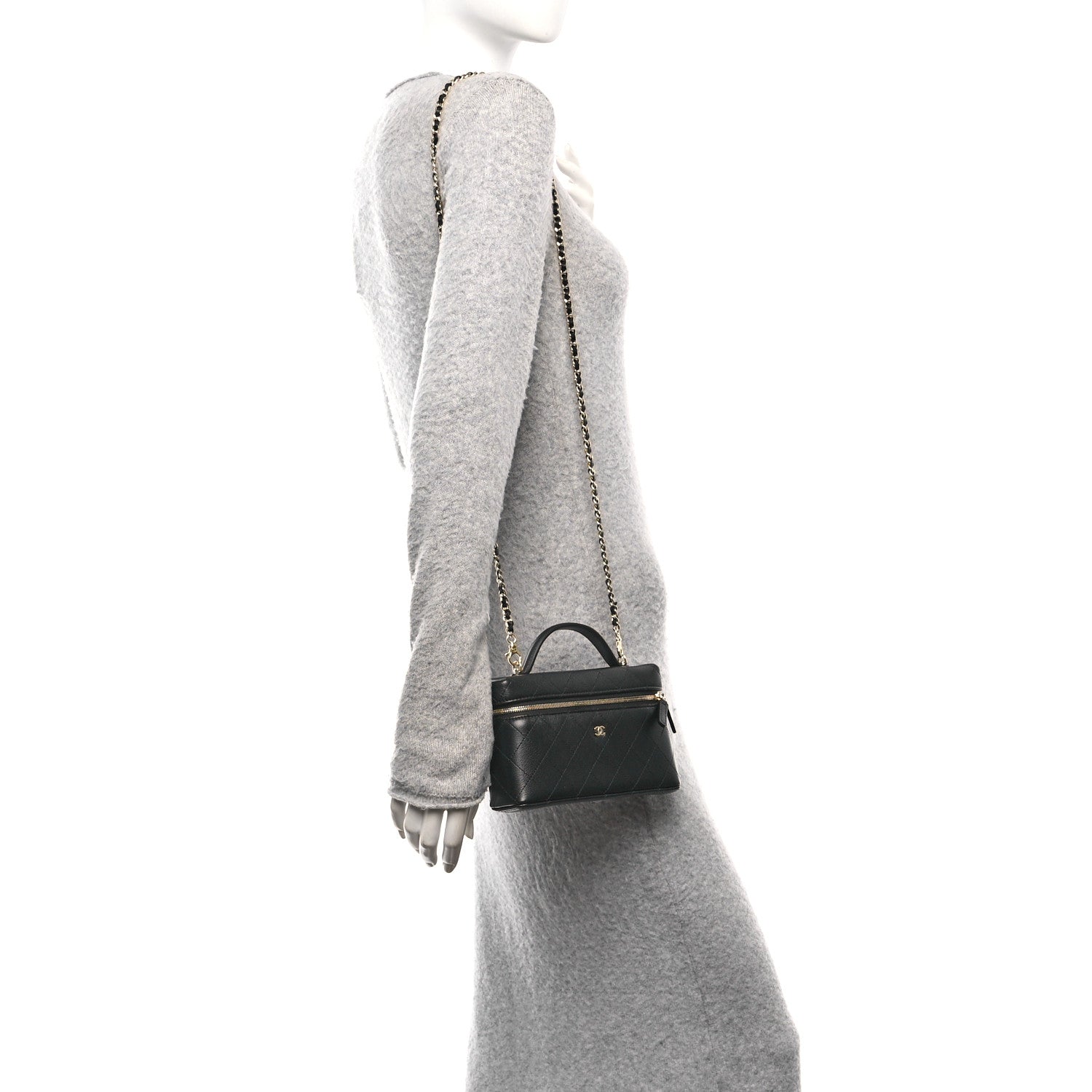 Chanel Goatskin Stitched Top Handle Slim Vanity With Chain Black
