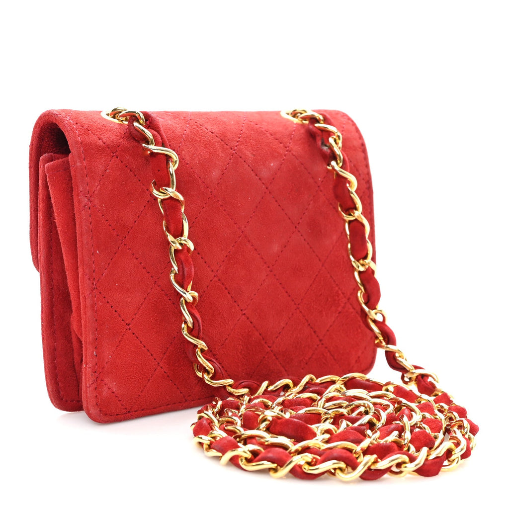 Chanel Suede Quilted Mini Square Flap Red