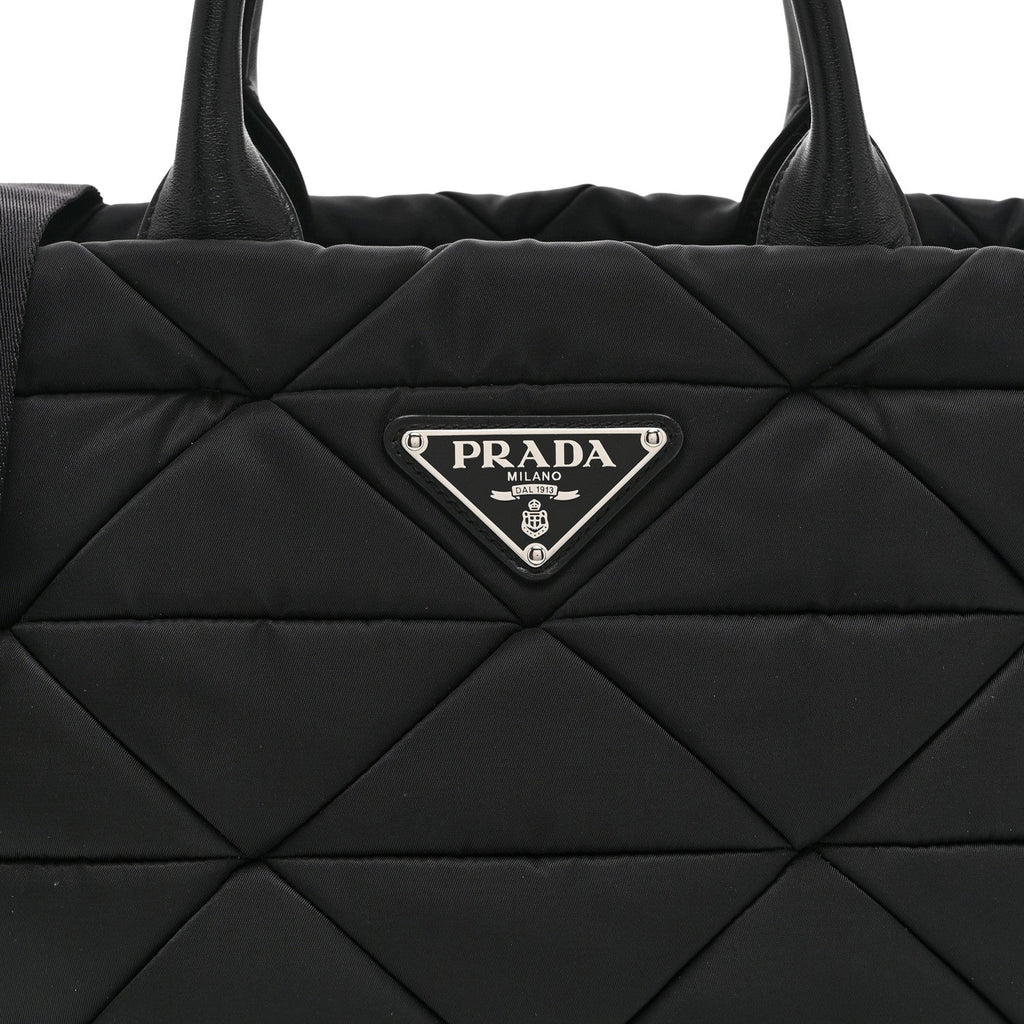 Prada Re-Nylon Nappa Triangle Quilted Padded Small Double Handled Zip Tote Black