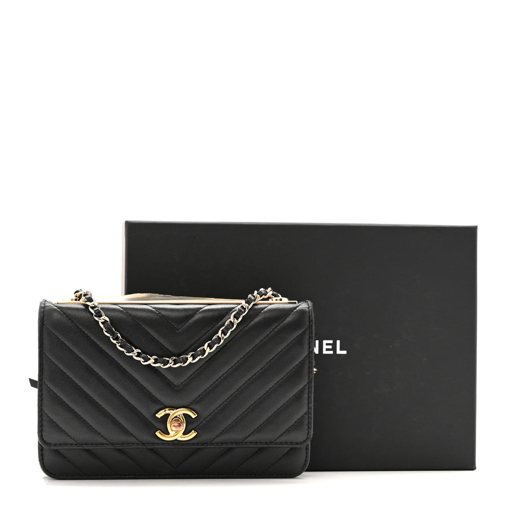 Chanel Lambskin Chevron Quilted Trendy CC Wallet On Chain WOC Black