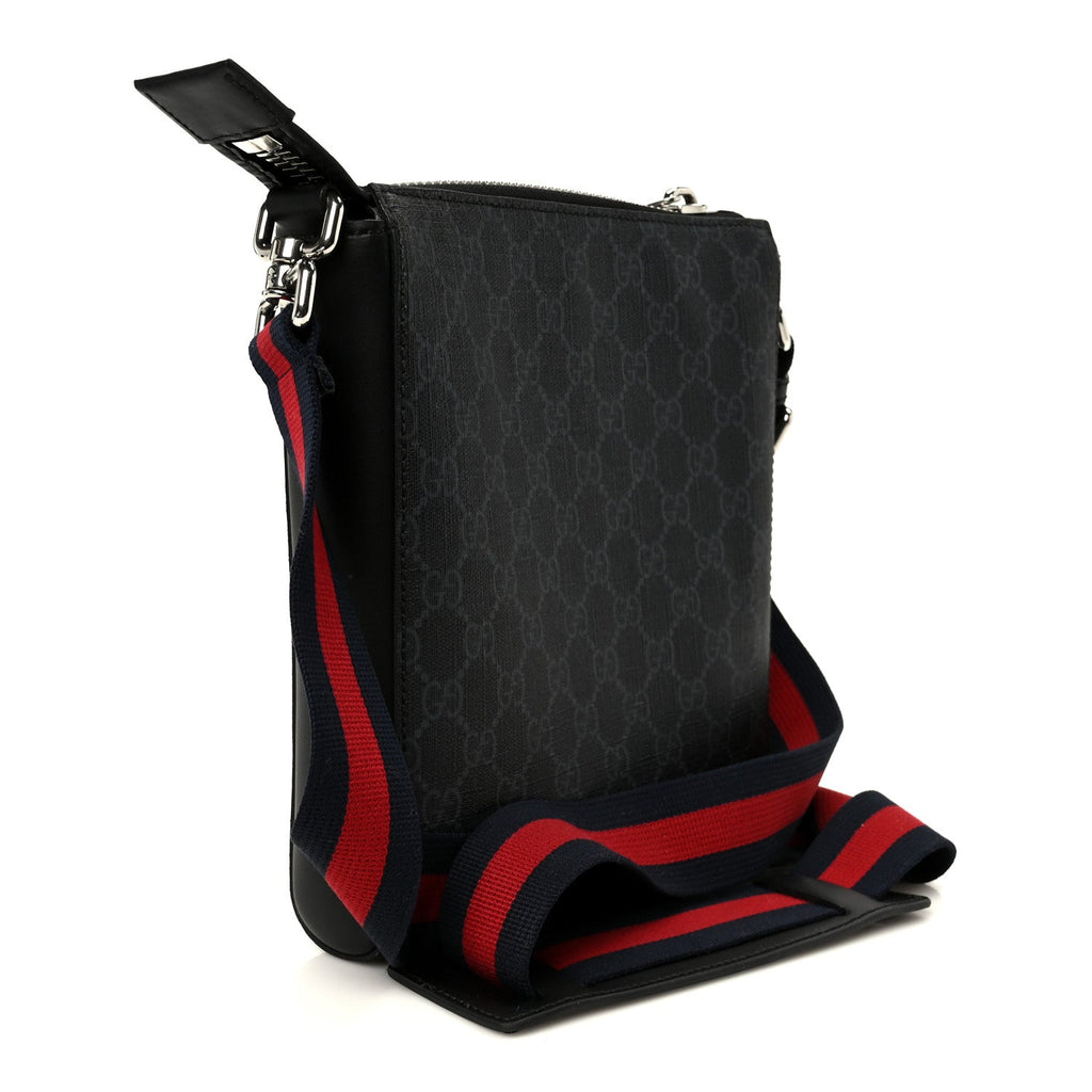 Gucci GG Supreme Monogram Web Small Flat Messenger Bag Black Grey