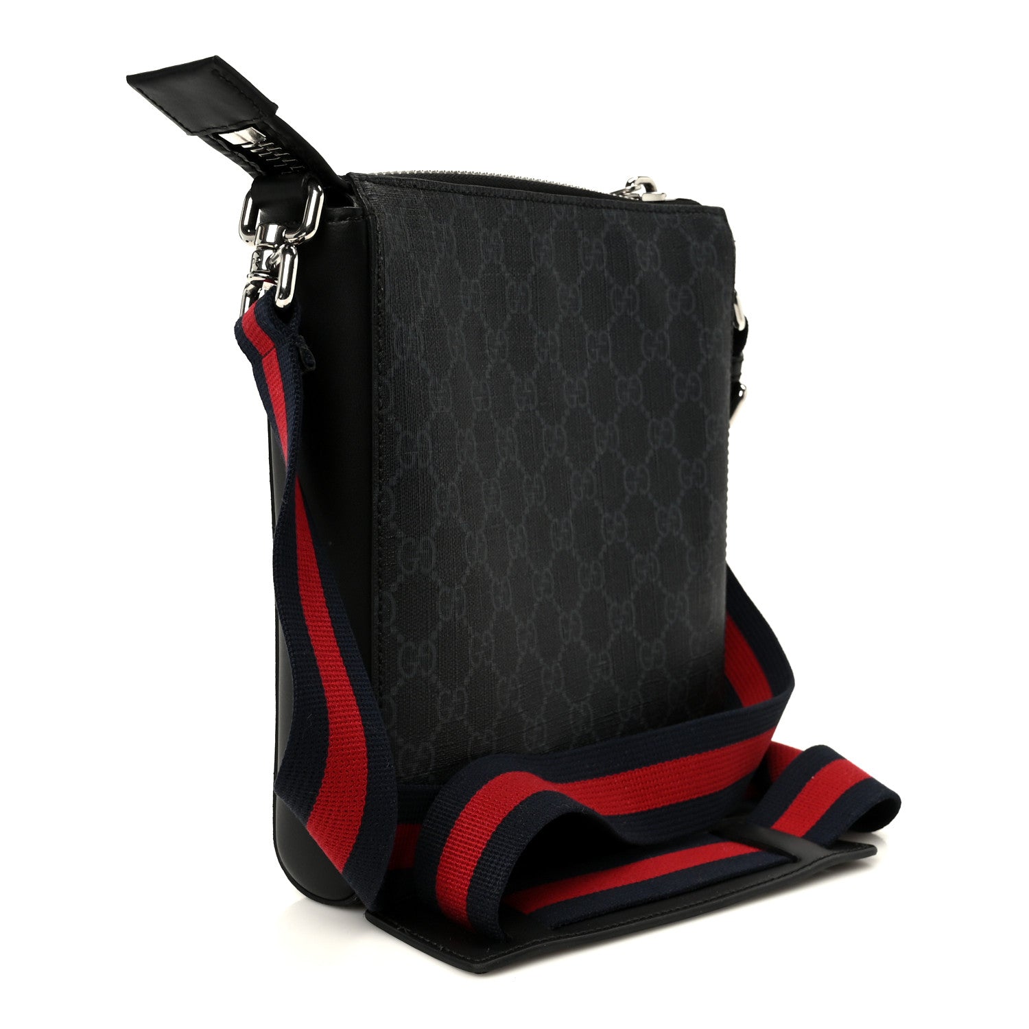 Gucci GG Supreme Monogram Web Small Flat Messenger Bag Black Grey